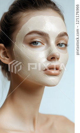 Woman with beige facial clay mask Woman with beige facial clay mask 125176966