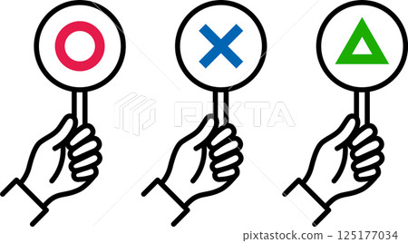Hands holding answer cards with circle, cross, triangle, right or wrong answers 125177034