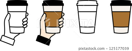 Illustrated icon of a hand holding a takeaway coffee cup Illustrated icon of a hand holding a takeaway coffee cup 125177039