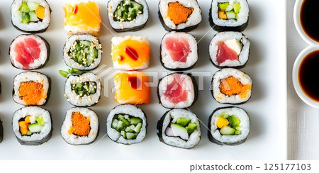 Colorful sushi rolls with vegetables, fish and tobiko 125177103