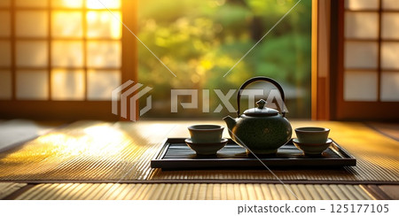 Japanese tea set on tatami mat at sunrise 125177105