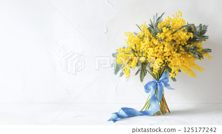 Bouquet of mimosa flowers with blue ribbon Bouquet of mimosa flowers with blue ribbon 125177242