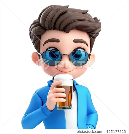 Young boy enjoying a refreshing beer while wearing stylish glasses and a blue jacket in a cheerful setting Young boy enjoying a refreshing beer while wearing stylish glasses and a blue jacket in a cheerful setting 125177323