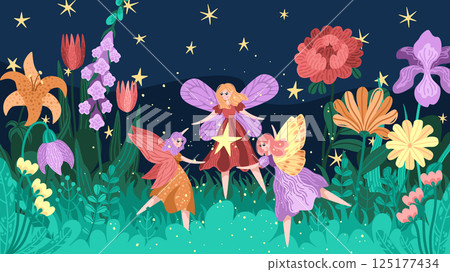 Vector of fairies dancing in fantasy garden with bright flowers. Starry night sky and lush foliage background. Magical garden scene with winged girls in round dance. Fairy tale prints and cards Vector of fairies dancing in fantasy garden with bright flowers. Starry night sky and lush foliage background. Magical garden scene with winged girls in round dance. Fairy tale prints and cards 125177434
