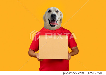 A person stands confidently, holding a brown box in their hands, while their head has been replaced with that of a cheerful dog. The vibrant yellow background adds a playful and whimsical touch A person stands confidently, holding a brown box in their hands, while their head has been replaced with that of a cheerful dog. The vibrant yellow background adds a playful and whimsical touch 125177503