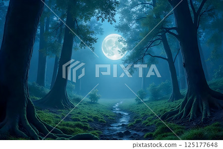 full moon in night forest 125177648
