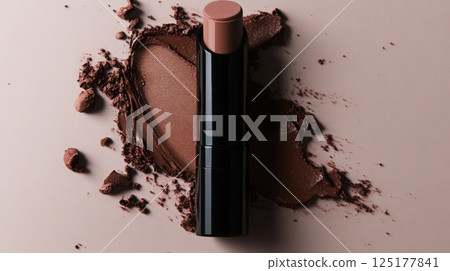 A creamy cosmetic stick stands upright next to a smooth, swirled application of dark brown makeup against a neutral backdrop, highlighting the texture and color of beauty products. 125177841