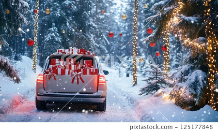 A car filled with colorful Christmas gifts drives down a snow-covered road, surrounded by pine trees adorned with sparkling lights, creating a magical holiday atmosphere. 125177848