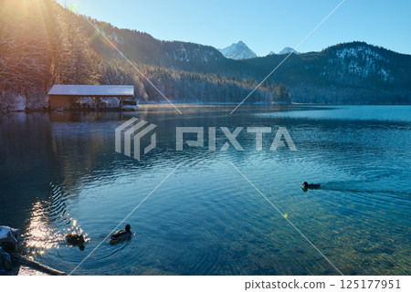 Serene Winter Wonderland: Frozen Lake Reflects Snow-Capped Mountains in Golden Morning Light Pristine Icy Landscape Captures Breathtaking Beauty of Alpine Lake on Crisp Sunny Day Serene Winter Wonderland: Frozen Lake Reflects Snow-Capped Mountains in Golden Morning Light Pristine Icy Landscape Captures Breathtaking Beauty of Alpine Lake on Crisp Sunny Day 125177951