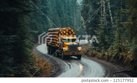 A bright yellow truck carries a load of logs along a twisting road surrounded by dense trees in a forested area during autumn. A bright yellow truck carries a load of logs along a twisting road surrounded by dense trees in a forested area during autumn. 125177952