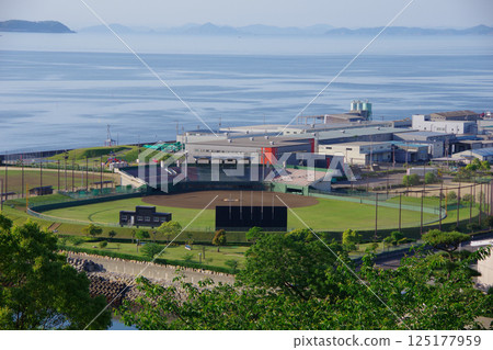 View of Hama Park and Kawanoe Baseball Stadium from Shiroyama Park in Shikokuchuo City, Ehime Prefecture 125177959