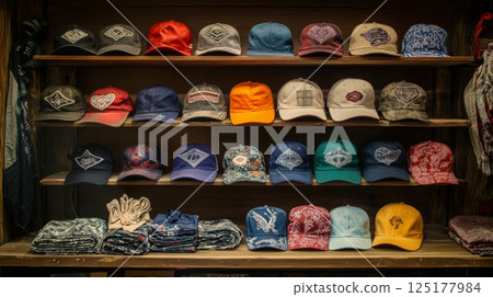 A variety of hats in multiple colors and designs are neatly arranged on shelves in a cozy retail space. A variety of hats in multiple colors and designs are neatly arranged on shelves in a cozy retail space. 125177984