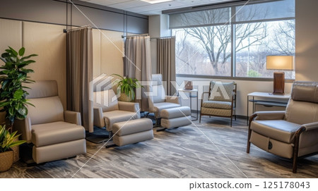 A waiting room with plush chairs in a semi-circle facing a large window. Plants and a table add to the decor, with a light-colored wood floor A waiting room with plush chairs in a semi-circle facing a large window. Plants and a table add to the decor, with a light-colored wood floor 125178043