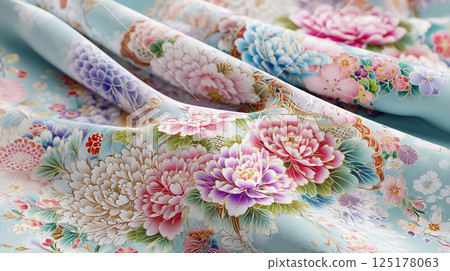 Elegant Japanese patterned textile with vibrant flowers dancing 125178063