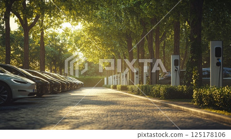 A row of electric vehicles parked at charging stations under the warm glow of sunset, surrounded by lush greenery. The tranquil atmosphere highlights the growing trend of sustainable transportation. 125178106