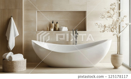 This spacious bathroom showcases a sleek freestanding tub, wooden accents, and neutral tones, creating a relaxing atmosphere 125178117
