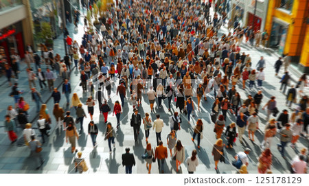 A bustling scene as a diverse crowd of individuals walk down a busy urban street, filling the sidewalk with movement and activity. 125178129