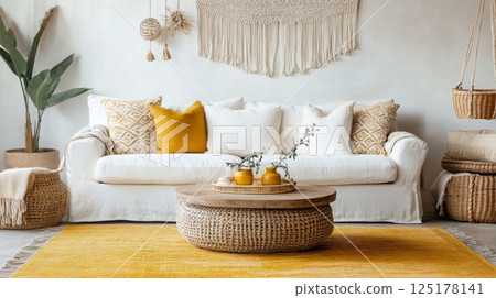 A welcoming living room features a white sofa adorned with yellow pillows and a woven coffee table. Decorative hanging elements and plants add a touch of bohemian charm to the cozy atmosphere. 125178141