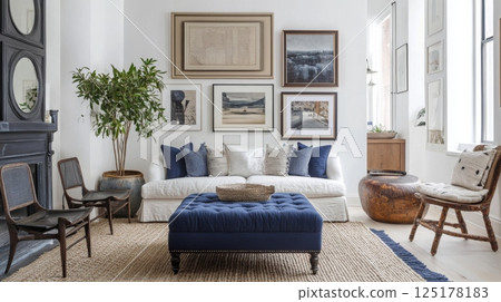 A bright living room showcases a comfortable white sofa adorned with blue and neutral cushions. An inviting blue ottoman is centered, while artworks hang on the walls, enhancing the airy atmosphere. A bright living room showcases a comfortable white sofa adorned with blue and neutral cushions. An inviting blue ottoman is centered, while artworks hang on the walls, enhancing the airy atmosphere. 125178183