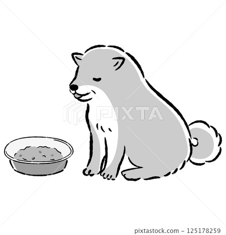 Hand-drawn illustration of a senior dog eating soft food 125178259