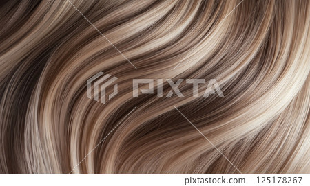 Close-up view of flowing blonde hair with soft waves and natural highlights reflecting light beautifully. Close-up view of flowing blonde hair with soft waves and natural highlights reflecting light beautifully. 125178267