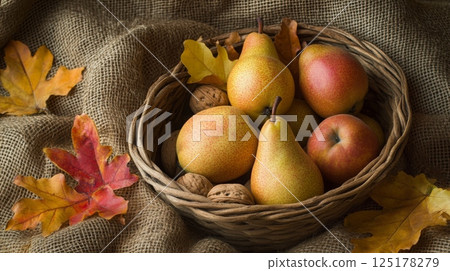 A basket filled with ripe pears and walnuts surrounded by colorful autumn leaves on a burlap backdrop. 125178279