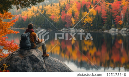 A hiker sits on a large rock by a serene lake, surrounded by trees showcasing vibrant autumn colors. 125178348