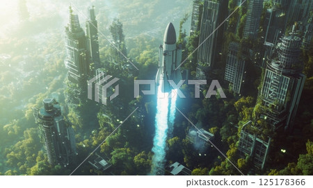 A white rocket with a blue flame blasts off from a futuristic city overtaken by lush greenery 125178366