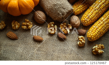 A vibrant arrangement of pumpkins, corn, and various nuts scattered atop a burlap surface, showcasing the essence of autumn harvest. A vibrant arrangement of pumpkins, corn, and various nuts scattered atop a burlap surface, showcasing the essence of autumn harvest. 125178467