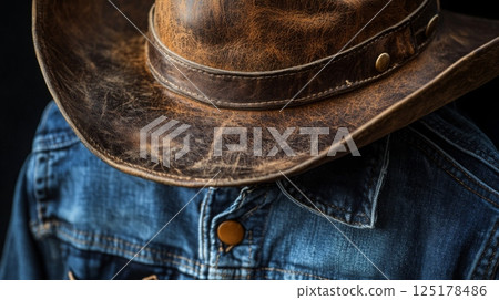 A close view of a weathered cowboy hat resting on a denim jacket, highlighting vintage textures and character. 125178486