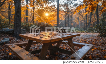 Golden sunlight filters through trees, casting a warm glow on a rustic picnic table surrounded by vibrant autumn leaves. The tranquility of the forest enhances the peaceful atmosphere. 125178512
