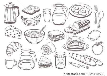 Breakfast icons set. Milk jug coffee pot cup juice sandwiches fried eggs pancakes toast with jam croissant cheese and cereal with milk for market product design. Hand drawn sketch illustration. 125178539
