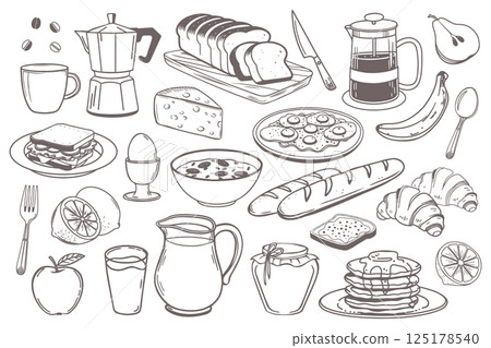 Breakfast icons set. Milk jug coffee pot cup juice sandwiches fried eggs pancakes toast with jam croissant cheese and cereal with milk for market product design. Hand drawn sketch illustration. Breakfast icons set. Milk jug coffee pot cup juice sandwiches fried eggs pancakes toast with jam croissant cheese and cereal with milk for market product design. Hand drawn sketch illustration. 125178540