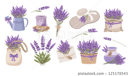 Lavender collection. Set of items with lavender flowers. Blooming compositions and decorations with bouquets of lavender flowers. Lavender collection. Set of items with lavender flowers. Blooming compositions and decorations with bouquets of lavender flowers. 125178543