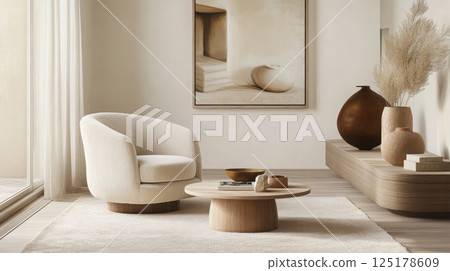 This cozy living room features a plush white chair and a round wooden coffee table, complemented by warm tones. Natural light flows in, enhancing the serene atmosphere with decorative vases. 125178609
