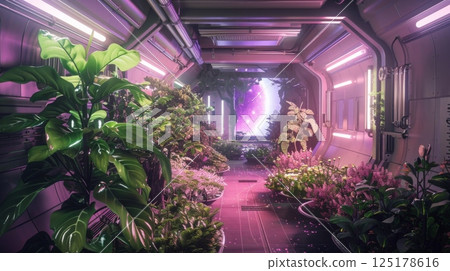 An indoor garden filled with plants of various sizes in pots is illuminated with pink lighting. The view beyond the garden shows a window with an outer space scene. An indoor garden filled with plants of various sizes in pots is illuminated with pink lighting. The view beyond the garden shows a window with an outer space scene. 125178616