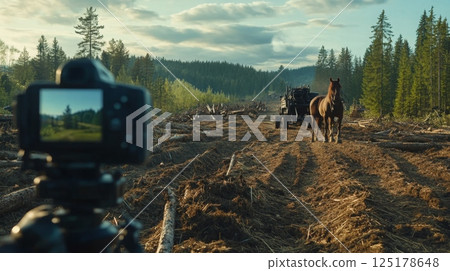 A horse pulls a logging cart through a cleared forest area, while a camera captures the scene amidst tall trees and a dramatic sky. A horse pulls a logging cart through a cleared forest area, while a camera captures the scene amidst tall trees and a dramatic sky. 125178648