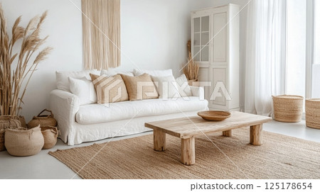 A serene living room showcases a white sofa adorned with beige cushions, complemented by natural decor elements like a wooden table, woven baskets, and tall grasses, all bathed in soft sunlight. A serene living room showcases a white sofa adorned with beige cushions, complemented by natural decor elements like a wooden table, woven baskets, and tall grasses, all bathed in soft sunlight. 125178654