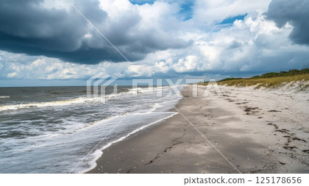 The sandy shore stretches along the beach, where waves softly lap against the coastline. 125178656