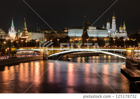Kremlin and Bridge Reflections at Night in Moscow Kremlin and Bridge Reflections at Night in Moscow 125178732