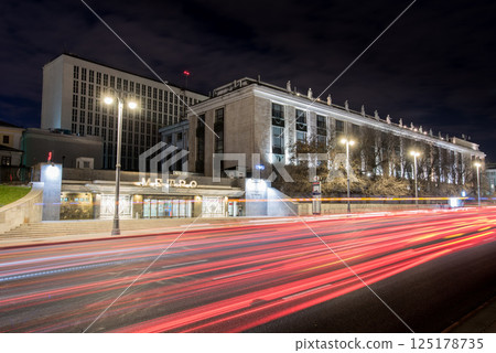 Russian State Library at Night with Light Trails Russian State Library at Night with Light Trails 125178735