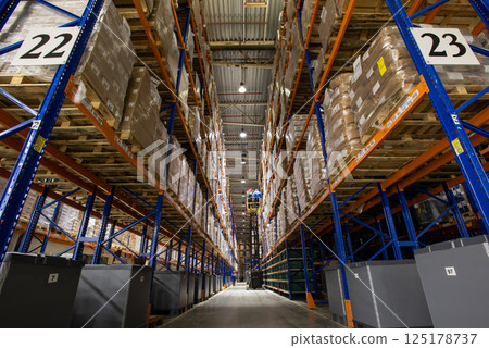 Large Warehouse with High Shelves Full of Boxes Large Warehouse with High Shelves Full of Boxes 125178737