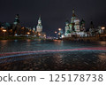 Red Square at Night with Light Trails and Historic Landmarks 125178738