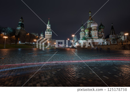 Red Square at Night with Light Trails and Historic Landmarks Red Square at Night with Light Trails and Historic Landmarks 125178738