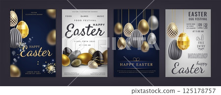 Happy easter. 3d egg on card. Holiday spring banner. Poster with decorative gold colorful metal eggs with marble pattern. Celebration elegant premium element. Vector realistic background collection 125178757
