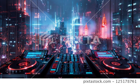 A DJ mixer sits in front of a large window with a view of a futuristic cityscape at night, glowing with neon lights. A DJ mixer sits in front of a large window with a view of a futuristic cityscape at night, glowing with neon lights. 125178761