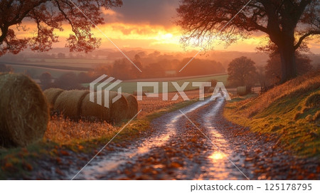 A winding dirt road cuts through a tranquil rural landscape at sunset, with colorful skies and hay bales scattered along the fields, enhancing the peaceful autumn setting. 125178795