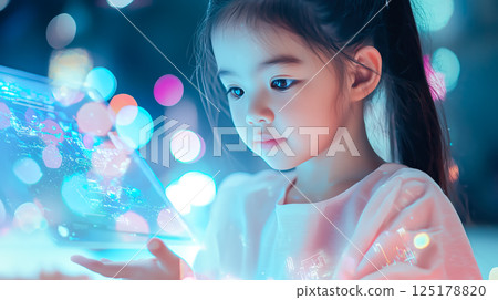 A kid girl learns online using futuristic technology. The concept of the integration of advanced digital tools in education, and learning experiences for the future generation. Generative AI. 125178820