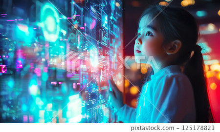 A kid girl learns online using futuristic technology. The concept of the integration of advanced digital tools in education, and learning experiences for the future generation. Generative AI. 125178821