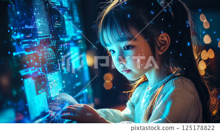 A kid girl learns online using futuristic technology. The concept of the integration of advanced digital tools in education, and learning experiences for the future generation. Generative AI. 125178822